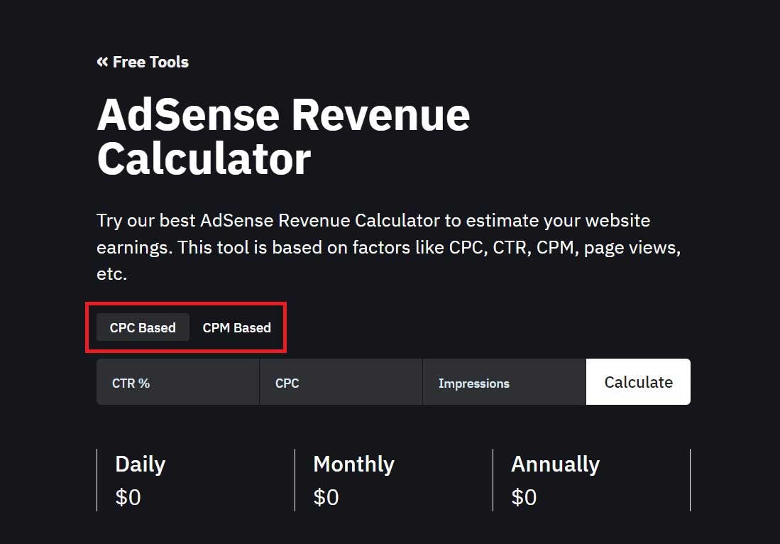 AdSense Calculator CPC and CPM Modes